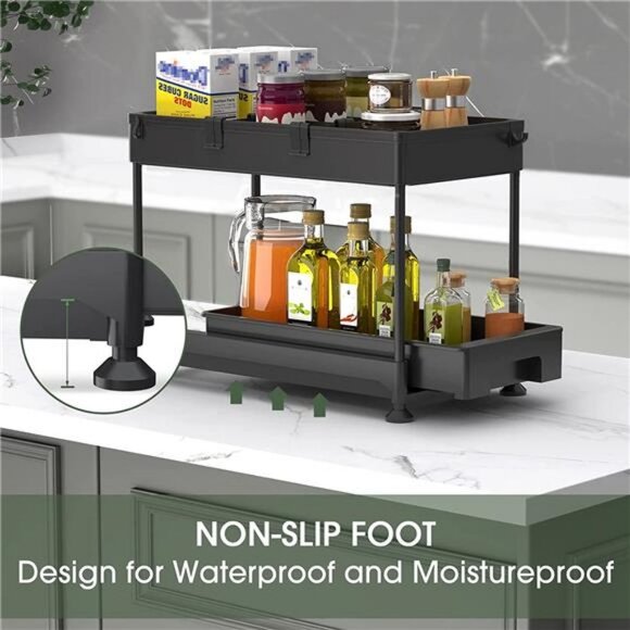 Sliding Cabinet Basket Organizer 2 Tier Under Bathroom Storage Black, 2 Pack - Picture 2 of 7